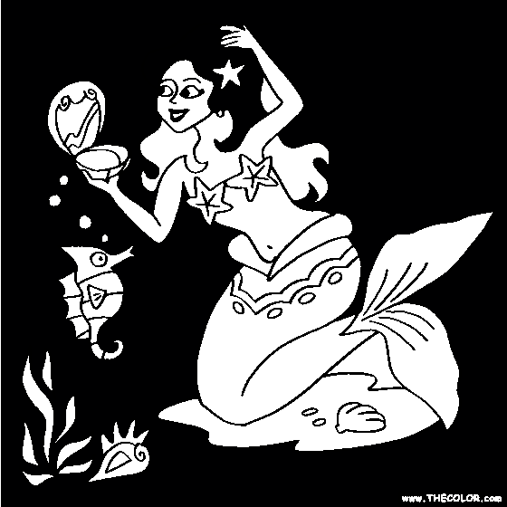Mermaid with Clam shell Mirror Online Coloring