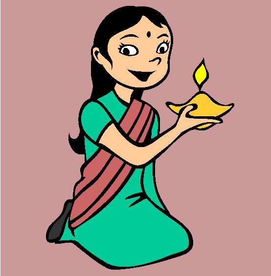 Diwali Girl and Lamp Coloring Page