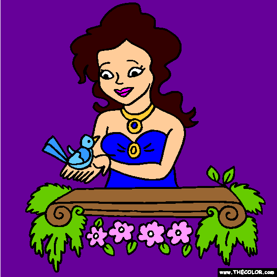 Princess and Bird Online Coloring Page 