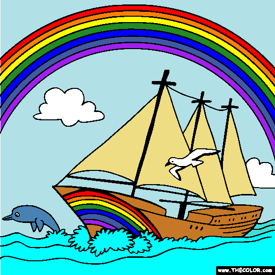 Rainbow and Sailboat Online Coloring Page