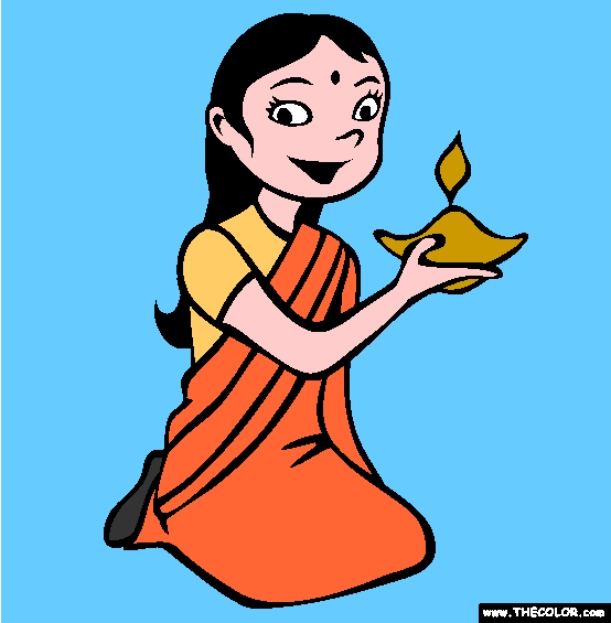 Diwali Girl and Lamp Coloring Page