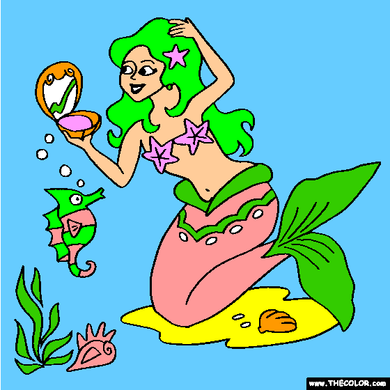 Mermaid with Clam shell Mirror Online Coloring