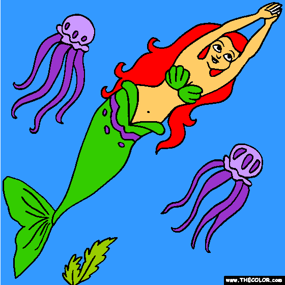 Mermaid with Jellyfish Friends Online Coloring