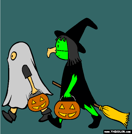 Halloween Trick or Treating Online Coloring Page