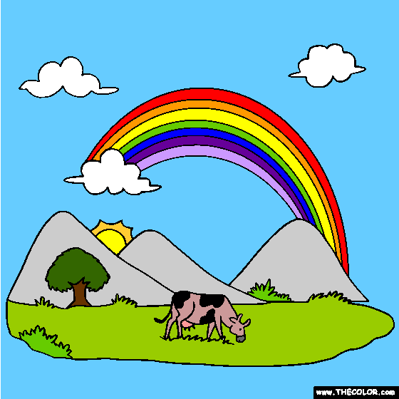 Rainbow and Cow Pasture Online Coloring Page