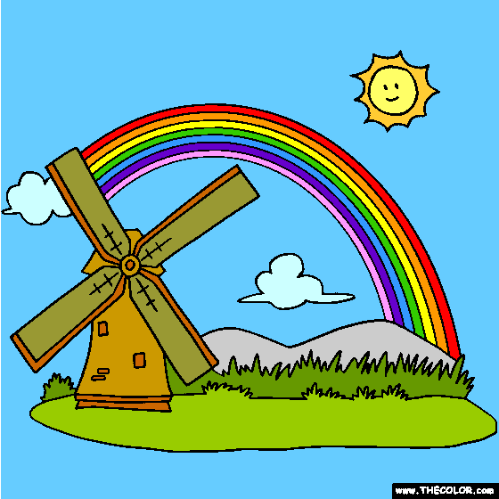 Rainbow and Windmill Online Coloring Page