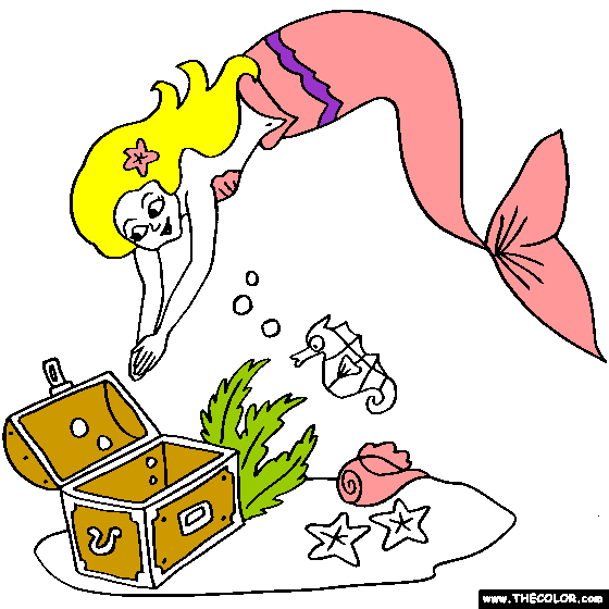 Mermaid Treasure Chest Online Coloring Page