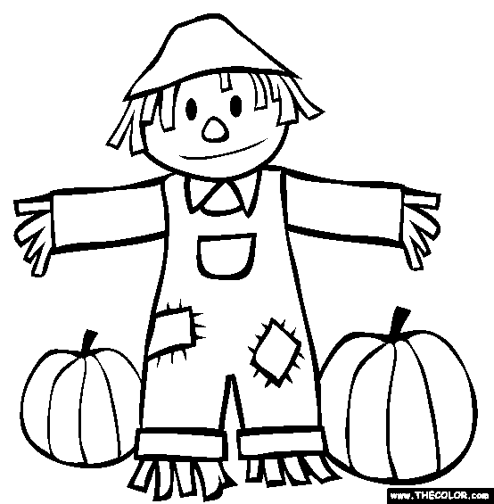 Fall Scarecrow and Pumpkins Coloring Page