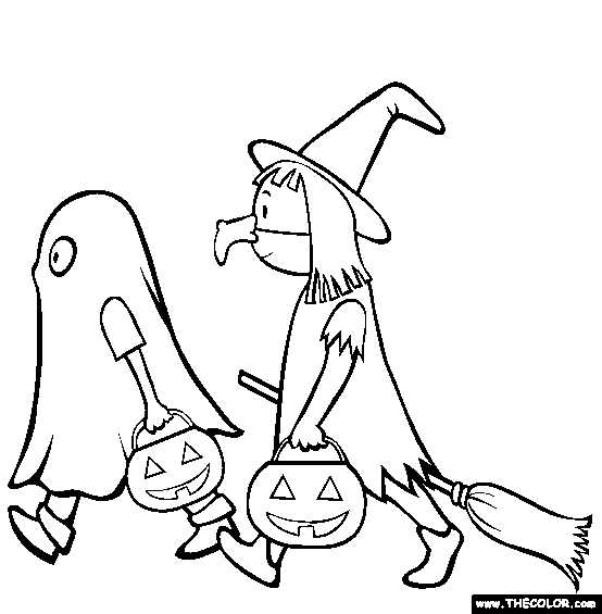 Halloween Trick or Treating Online Coloring Page