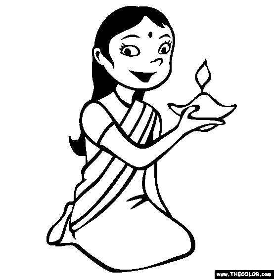 Diwali Girl and Lamp Coloring Page