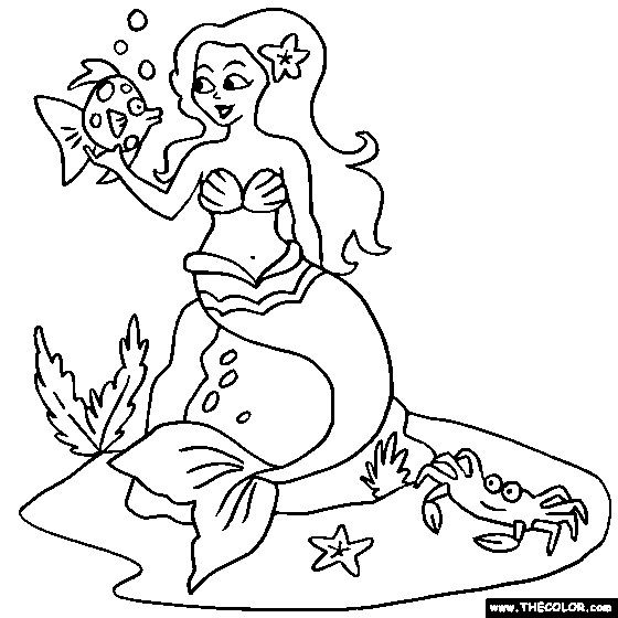 Mermaid with Fish Friend Online Coloring Page