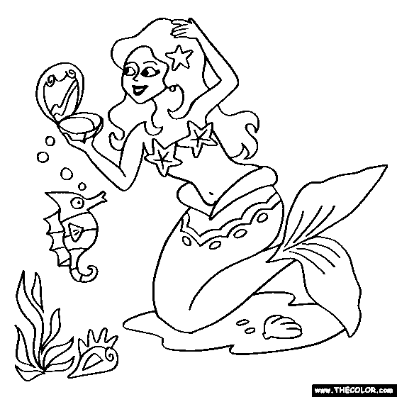 Mermaid with Clam shell Mirror Online Coloring