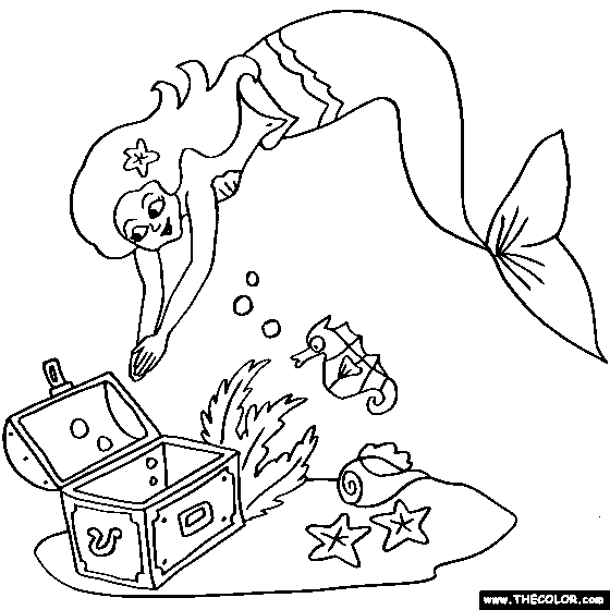 Mermaid Treasure Chest Online Coloring Page