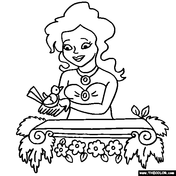 Princess and Bird Online Coloring Page 