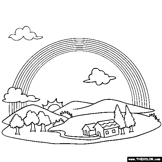 Village Under a Rainbow Online Coloring Page