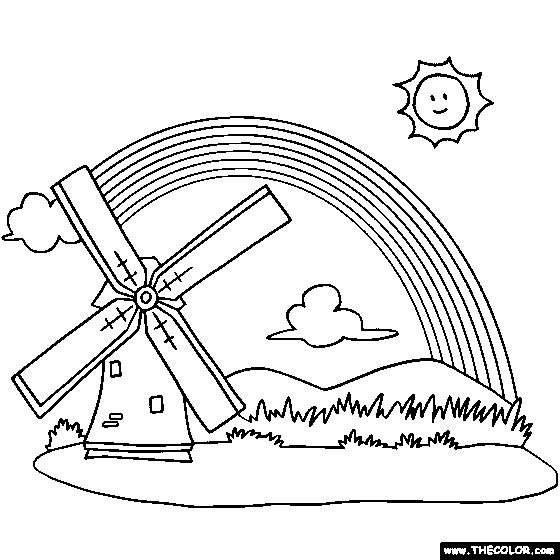 Rainbow and Windmill Online Coloring Page