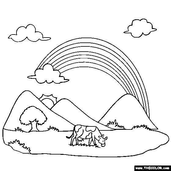 Rainbow and Cow Pasture Online Coloring Page