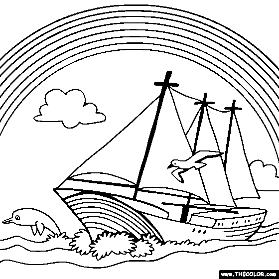 Rainbow and Sailboat Online Coloring Page