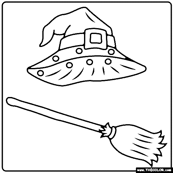 Witches Hat and Broom Coloring Page