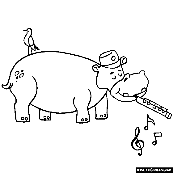 Hippo playing Piccolo Coloring Page, Hippopotamus