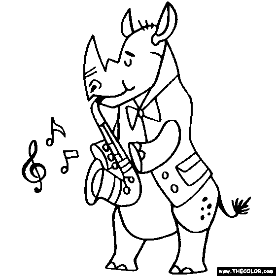Rhino playing the Saxophone Coloring Page
